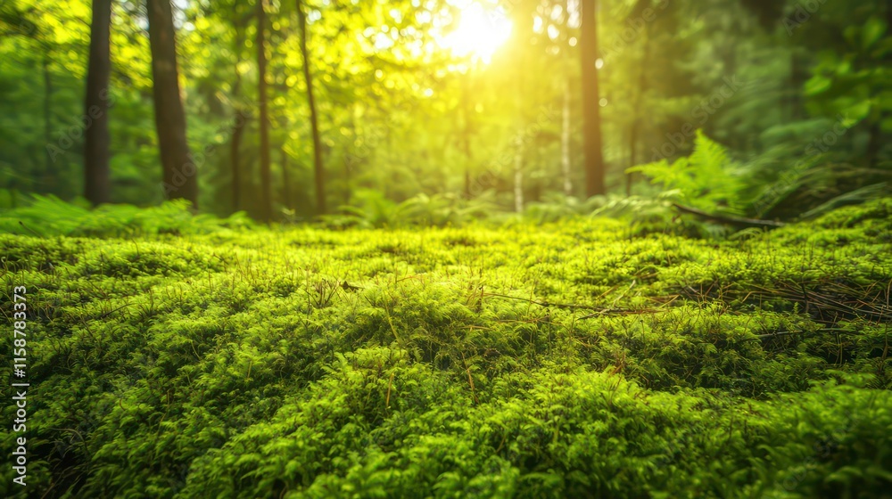 Fototapeta premium Lush green moss carpet in a sun-dappled forest.
