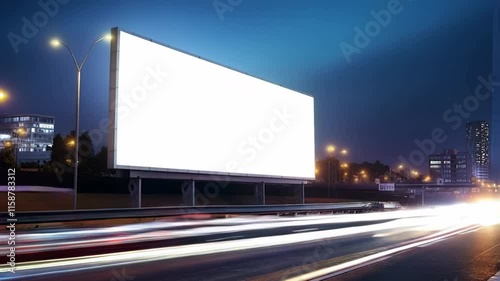 an empty white billboard for your advertising stands in near the road in a large urban metropolis at night. blank advertising billboard mockup on the road. blue sky background. Generative AI