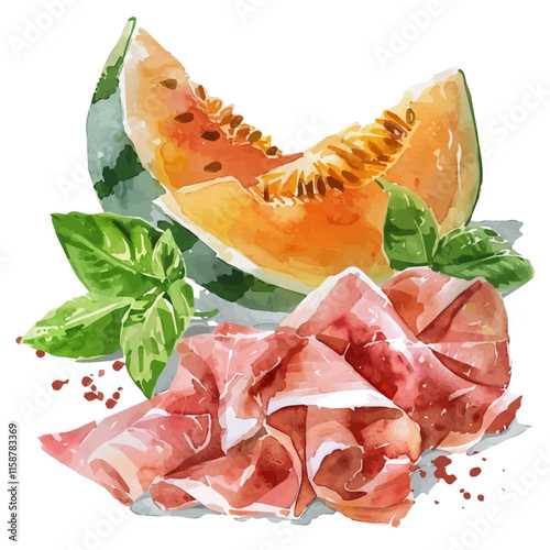 A watercolor drawing of Italian prosciutto with melon and arugula, isolated on a white background. Prosciutto vector.
