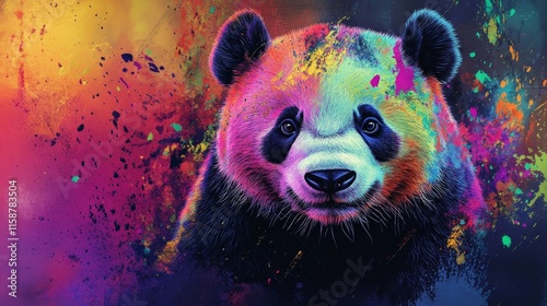 Colorful panda pop art design, abstract vibrant animal illustration, multicolor wildlife artwork, bold panda painting photo