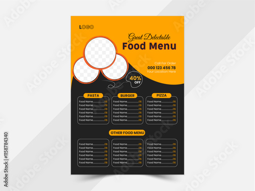 Editable creative restaurant flyer design with delicious food menu, restaurant menu, food ordering, junk food. Pizza, Burger, French fries and Soda. Vector illustration and A4 size for flyer template 