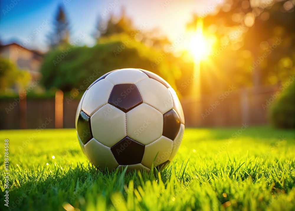 Obraz premium Green grass backdrop, soccer ball centered, perfect Rule of Thirds shot.