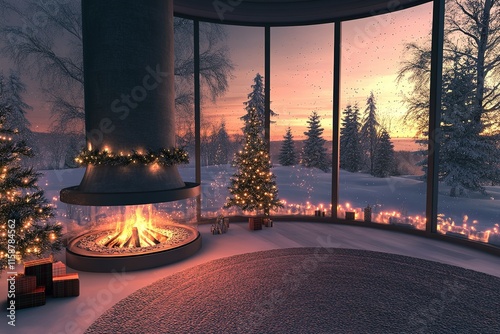 christams room with fireplace Beautiful snow top view with snowy landscape
