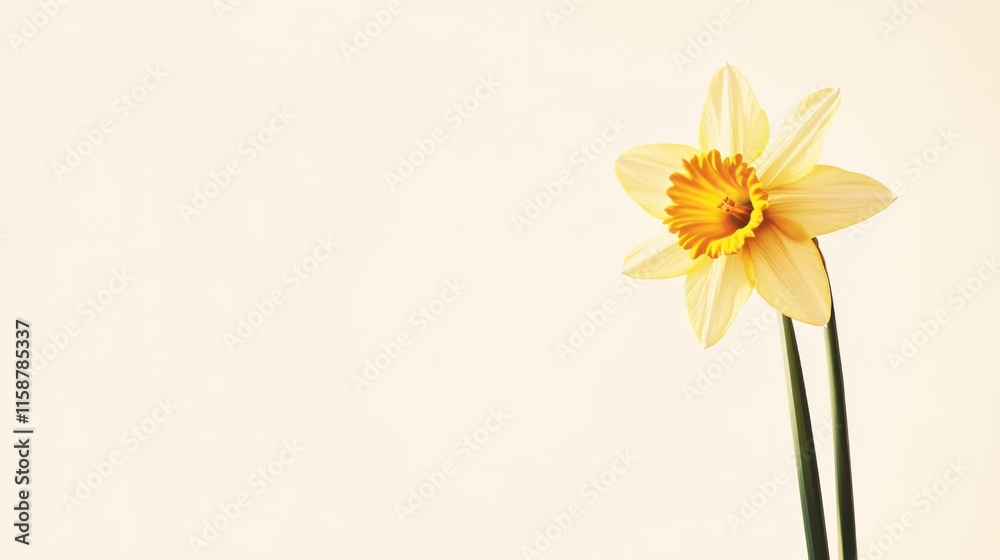 Obraz premium A bright yellow daffodil against a soft cream background, close-up shot, Minimalist style