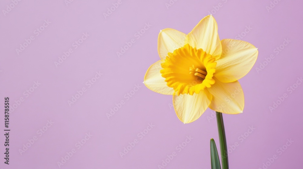 Fototapeta premium A bright yellow daffodil against a soft lavender background, close-up shot, Stock photo library style