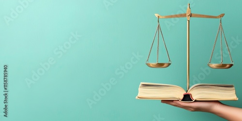 A hand holds an open book with a balanced scale above it, symbolizing justice and law against a turquoise background. photo