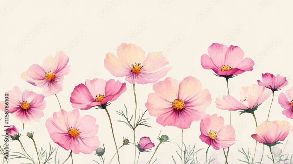 Watercolor of pink cosmos flower isolated on white background,Collection cosmea flower and leaves,wildflowers seamless pattern,soft colorful blooming flower background. Watercolor of pink cosmos flower isolated on white background,Collection cosmea flower and leaves,wildflowers seamless pattern,soft colorful blooming flower background.