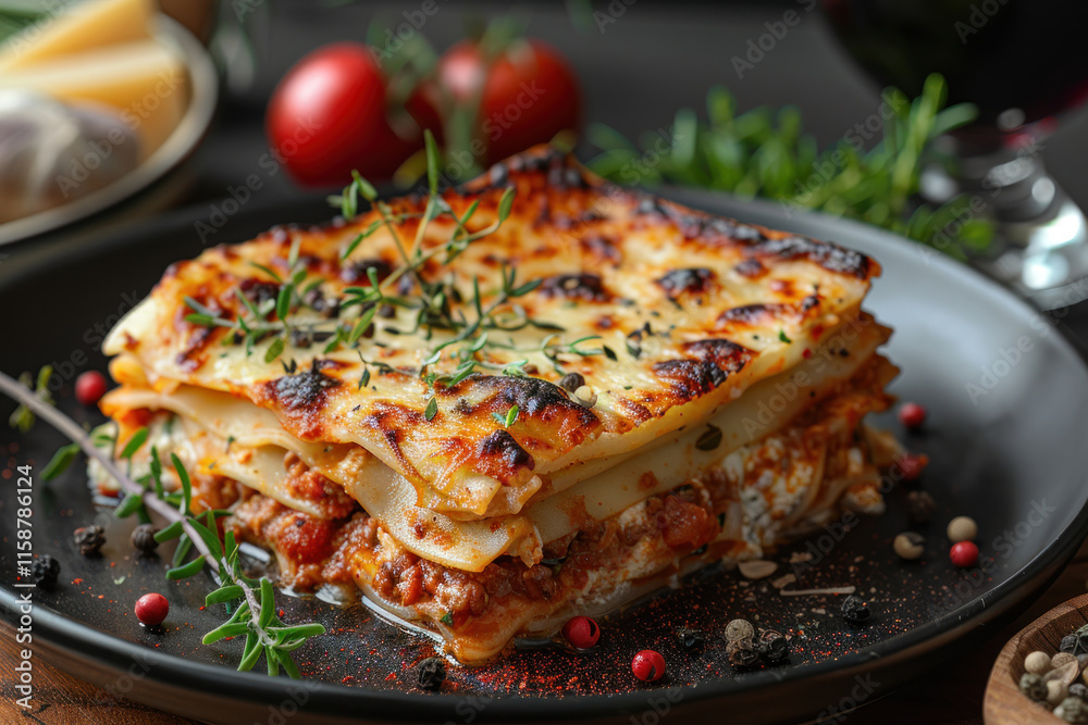 a portion of lasagna, neatly folded into a tall piece, located on a plate against a dark background. a portion of lasagna, neatly folded into a tall piece, located on a plate against a dark background.