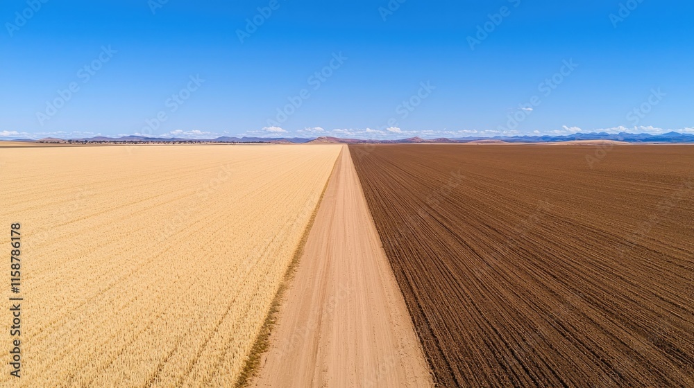 Aerial view showcasing contrasting fields: one golden wheat and the other dark brown soil, divided by a dirt path under a clear blue sky. Aerial view showcasing contrasting fields: one golden wheat and the other dark brown soil, divided by a dirt path under a clear blue sky.