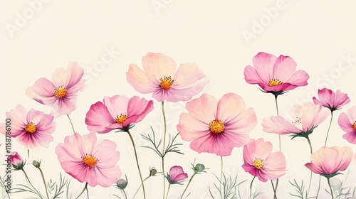 Wallpaper Mural Watercolor of pink cosmos flower isolated on white background,Collection cosmea flower and leaves,wildflowers seamless pattern,soft colorful blooming flower background. Torontodigital.ca
