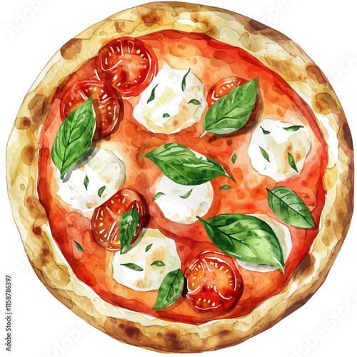 A watercolor clipart of Italian pizza margherita with mozzarella and basil, isolated on a white background. Pizza vector.
