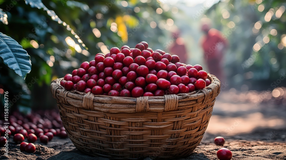 Woven basket filled with ripe coffee cherries among coffee trees and workers Woven basket filled with ripe coffee cherries among coffee trees and workers