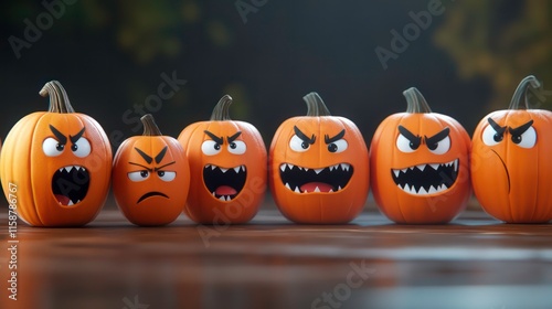 Six angry Halloween pumpkins in a row on wooden surface. photo