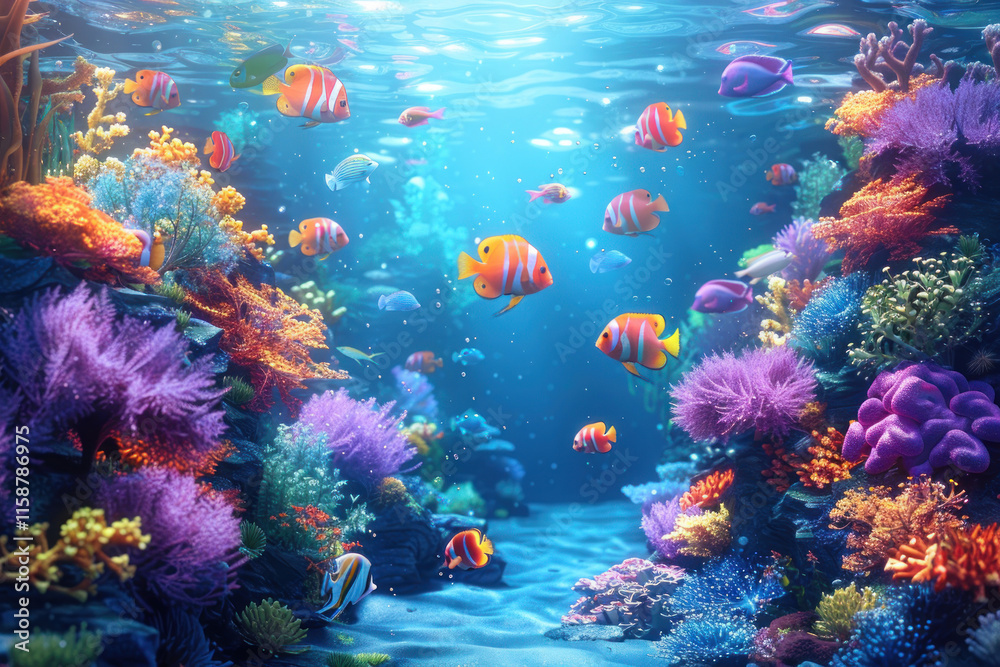 Fototapeta premium Underwater scene with fishes swimming in blue ocean