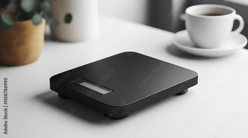 Digital coffee scale on a minimalist surface in a bright kitchen setting Digital coffee scale on a minimalist surface in a bright kitchen setting