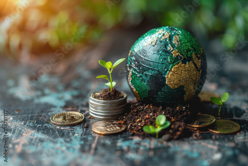 green globe with icon and stack of silver coins the seedlings photo