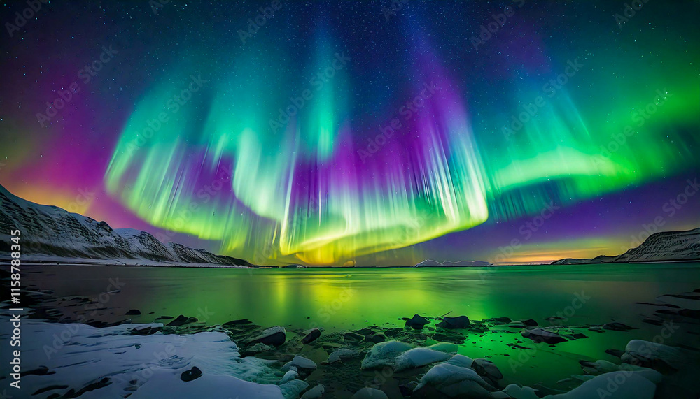 Naklejka premium Aurora-Borealis-Northern-Lights-Reflection A stunning view of the aurora borealis over a calm lake, with vibrant green, purple, and yellow lights reflecting on the water.