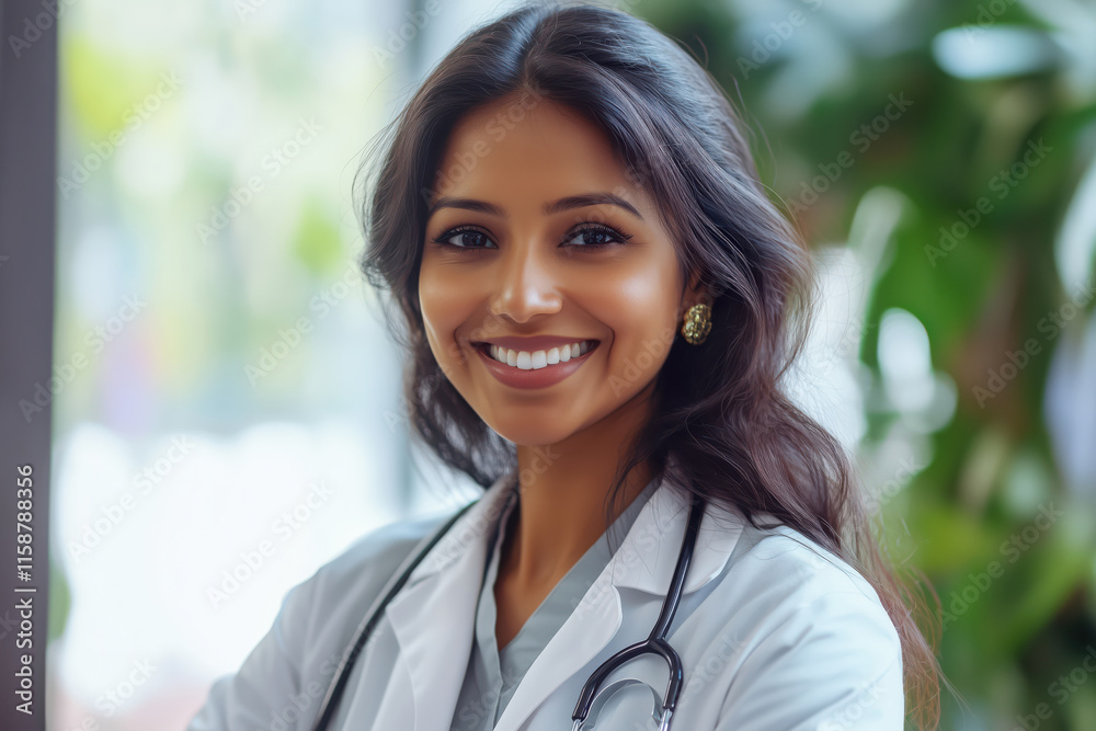 Portrait of smiling indian female doctor standing in her clinic Portrait of smiling indian female doctor standing in her clinic
