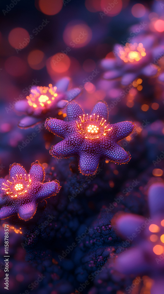 Obraz premium Glowing Alien Flora Illuminates Dark Landscape: Otherworldly Blooms Radiate Brilliantly in Mysterious Setting.