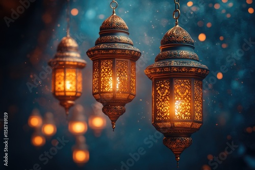 Elegant hanging lanterns with intricate patterns glowing warmly, set in a serene outdoor setting with blurred bokeh lights in the background. Perfect for themes of Ramadan, cultural decor, and evening photo