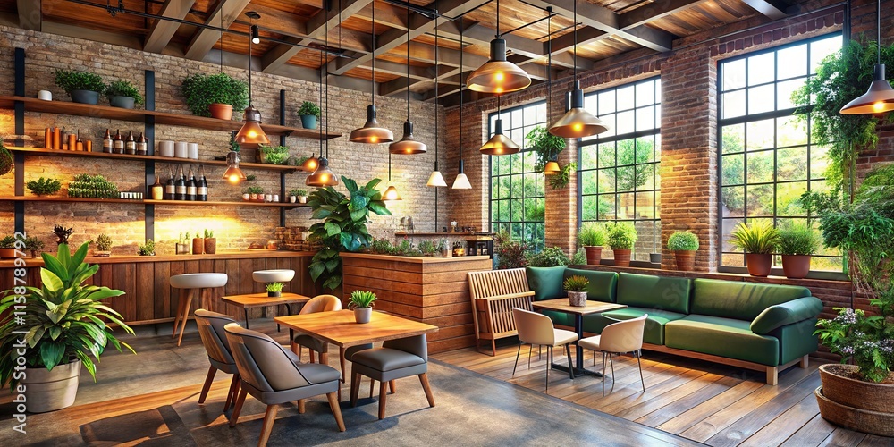 Fototapeta premium Rustic charm meets modern flair in this inviting coffee shop, with natural light and warm accents.