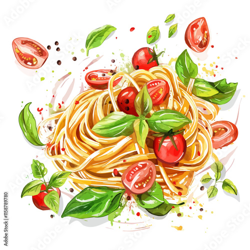 A watercolor painting of Italian pasta primavera with fresh vegetables, isolated on a white background. Pasta vector.
