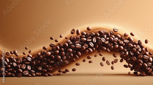 Dynamic abstract pattern of scattered coffee beans creating movement and flow