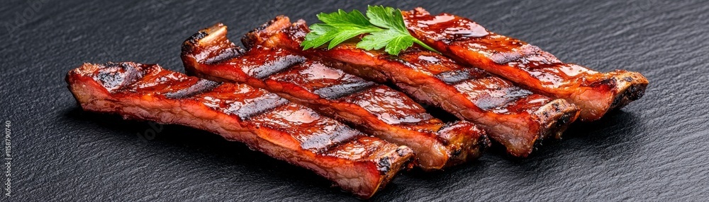Grilled Barbecue Ribs Glazed with Sticky Sauce Served on Black Slate Plate Grilled Barbecue Ribs Glazed with Sticky Sauce Served on Black Slate Plate