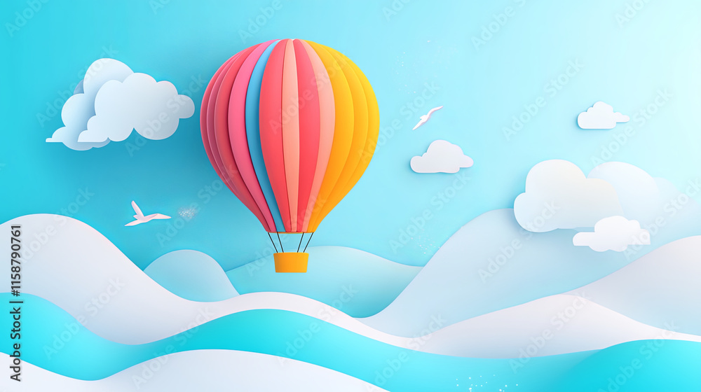 Fototapeta premium colorful hot air balloon floats above stylized waves and clouds, creating serene atmosphere