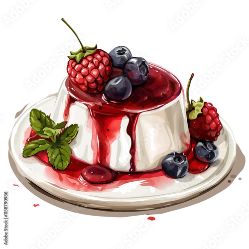 A watercolor clipart of Italian panna cotta with vanilla and berry sauce, isolated on a white background. Dessert vector.
