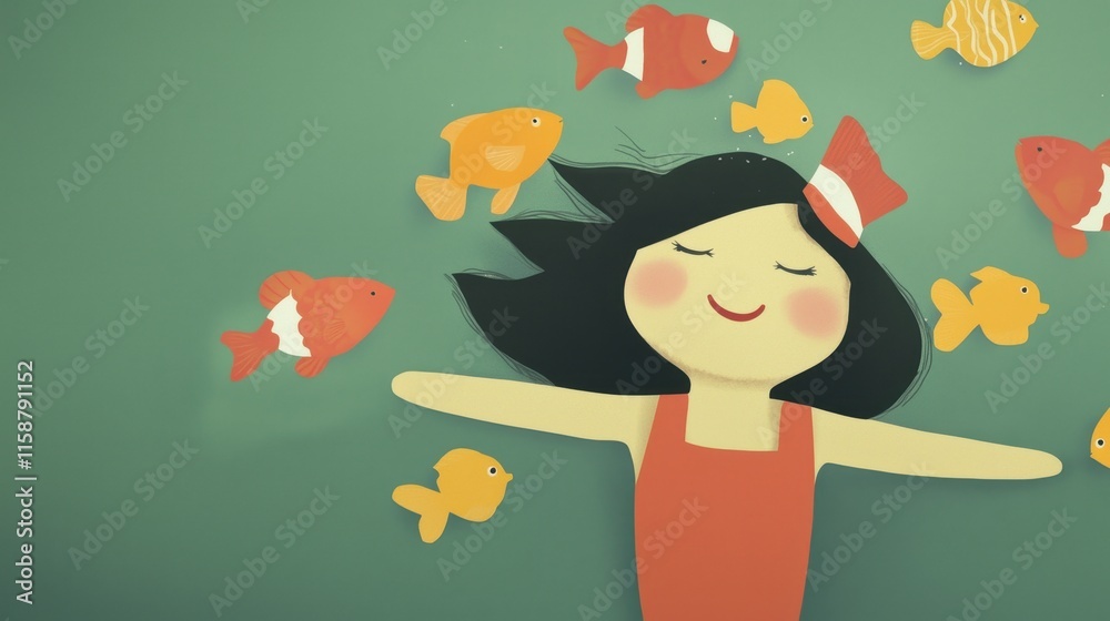 Cheerful Girl in Colorful Clownfish Costume Enjoying Playful Underwater Scene with Fish Cheerful Girl in Colorful Clownfish Costume Enjoying Playful Underwater Scene with Fish