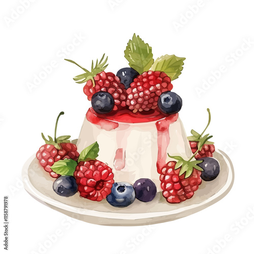 A watercolor vector of Italian panna cotta with mixed berries, isolated on a white background. Dessert vector.
