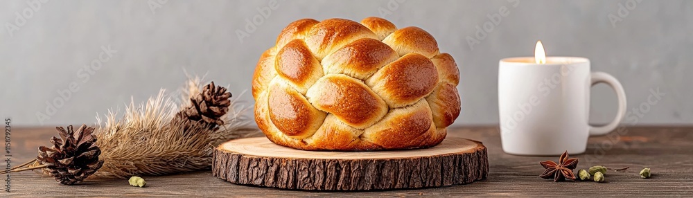 Freshly Baked Braided Bread with Candle and Natural Elements on Rustic Table Setting Freshly Baked Braided Bread with Candle and Natural Elements on Rustic Table Setting