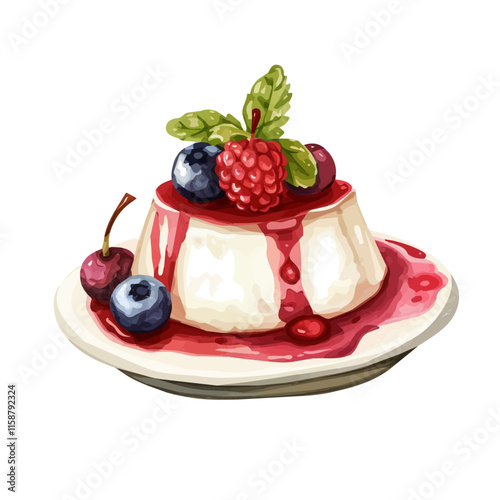 A watercolor of Italian panna cotta with berry compote, isolated on a white background. Dessert vector.
