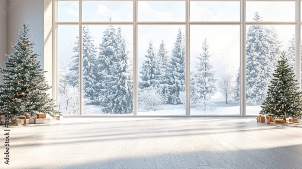 Naklejka premium Modern residential window view of snowy background,christmas tree and gift boxes.Snowy glittering winter landscape with space for products and decorations,Happy christmas time,snowfall.