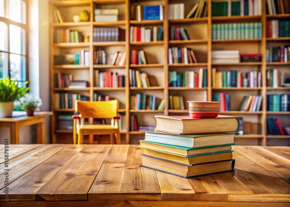 Wooden table, blurred bookshelves, education.