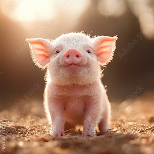 Cute piglet enjoying a sunny day outdoors. photo