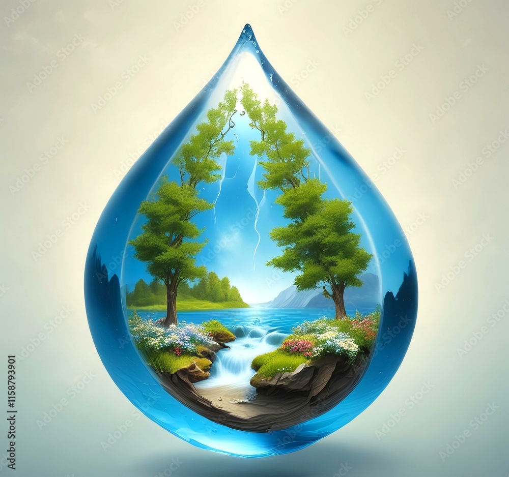 Obraz premium Illustration of water drop with spring environment.