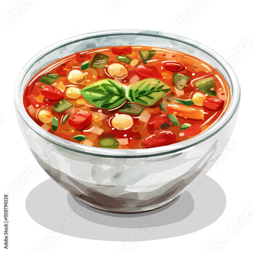 A watercolor drawing of Italian minestrone soup with vegetables, isolated on a white background. Soup vector.
