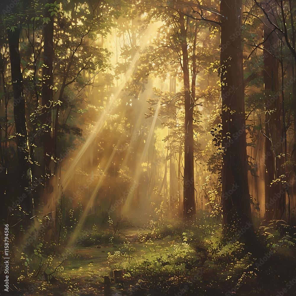 Fototapeta premium Sunbeams filtering through a lush forest canopy, illuminating the scene with a warm, ethereal glow. Evokes nature and tranquility.