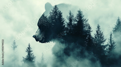 double exposure of fierce bear merging with dark forest trees, creating mystical atmosphere