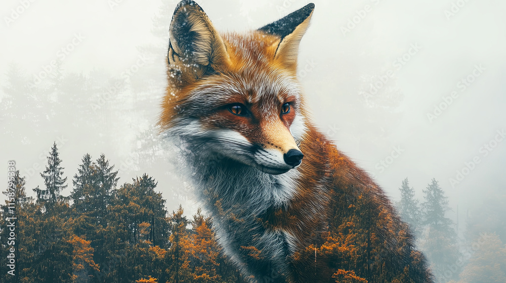 Naklejka premium playful fox stands amidst misty forest, showcasing its vibrant fur and keen expression