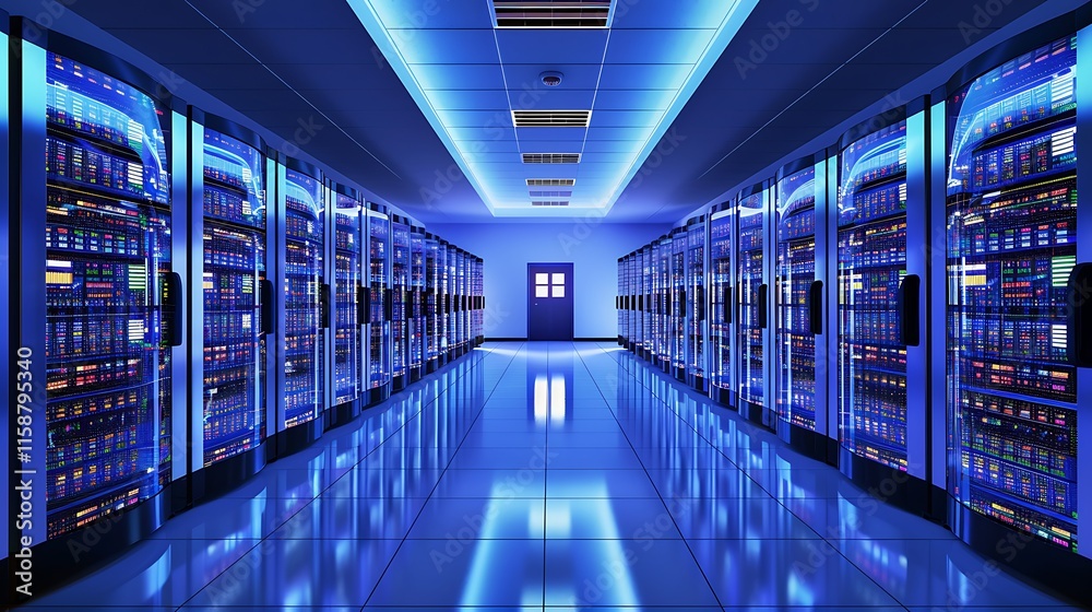 Fototapeta premium A long aisle in a server room filled with rows of illuminated server racks, conveying data storage, networking, and information technology infrastructure.