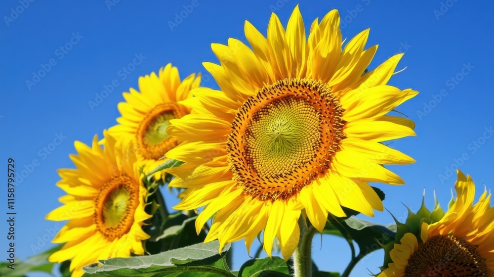 A close-up of vibrant yellow sunflowers against a clear blue sky, aerial shot, Naturalistic style A close-up of vibrant yellow sunflowers against a clear blue sky, aerial shot, Naturalistic style