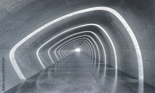 Fototapeta Naklejka Na Ścianę i Meble -  Empty concrete tunnel with futuristic white lighting leading to bright exit