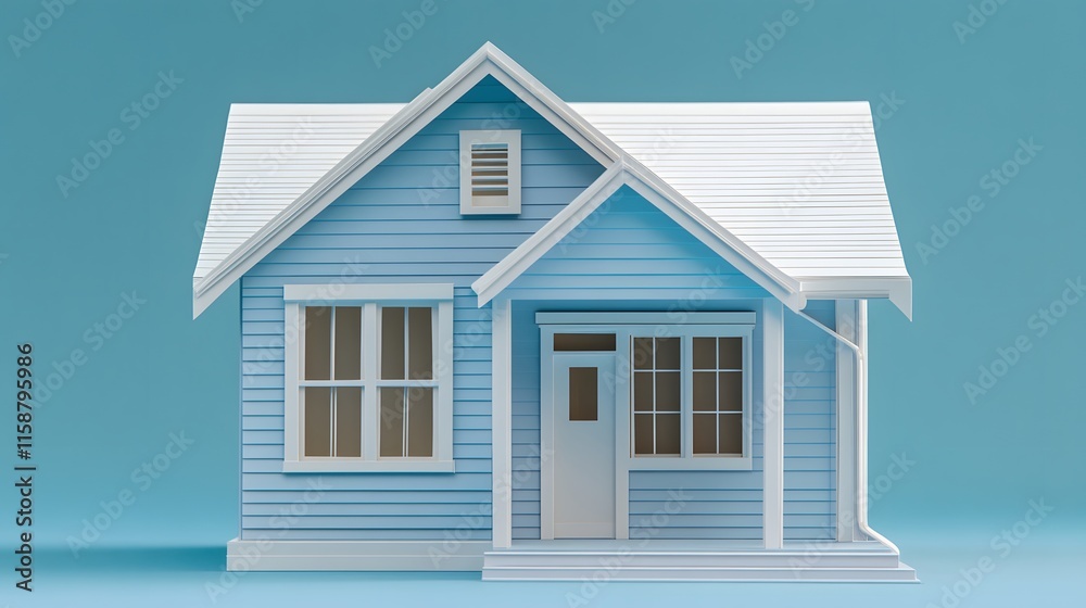 A simple blue house model stands against a blue background
