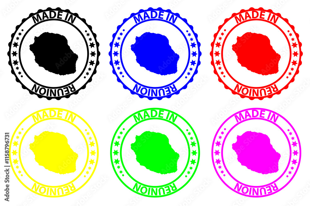 Made in Reunion - rubber stamp - vector, La Reunion map pattern - black, blue, green, yellow, purple and red Made in Reunion - rubber stamp - vector, La Reunion map pattern - black, blue, green, yellow, purple and red