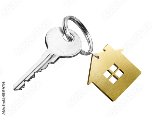 House key with golden house shaped keychain isolated on white background