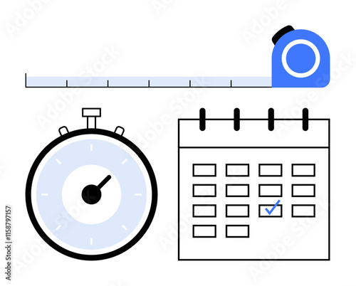Measuring tape stopwatch and calendar. Ideal for time management, productivity, scheduling, organization, deadlines, efficiency, and planning Line metaphor