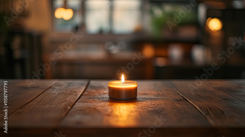 warm candle glowing on rustic wooden table in cozy setting